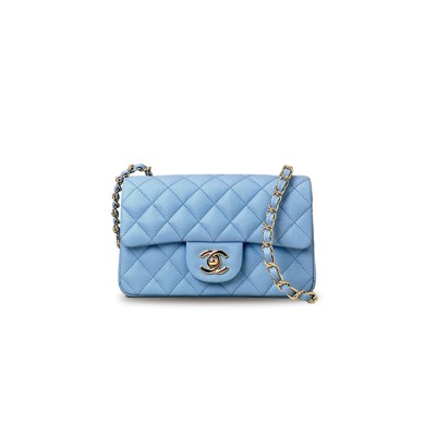 CHANEL CAVIAR QUILTED MINI DOUBLE FLAP LIGHT BLUE AS1116 (20*12*6cm)